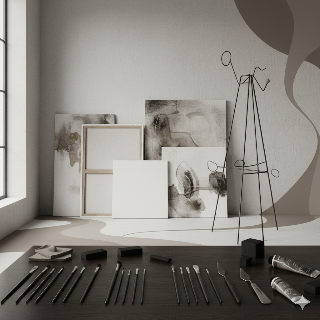 Greyscale studio setting against a neutral wall