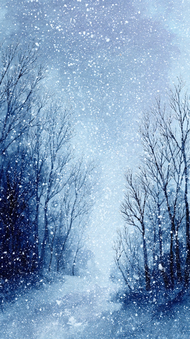 Snowy evening with a pathway and trees in the background